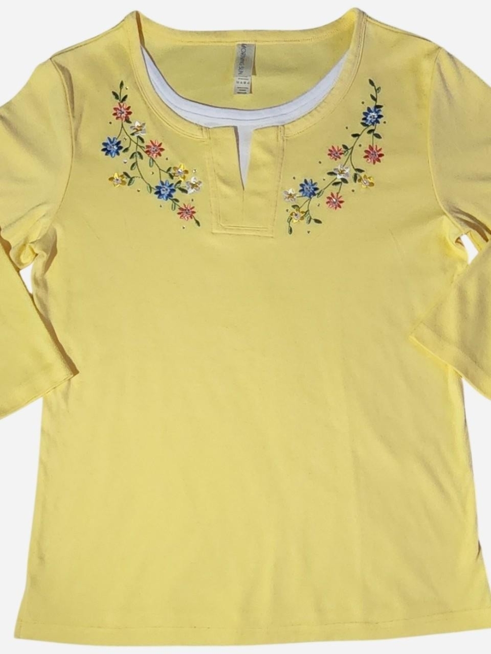Yellow Embroidered Split-Neck Women's Top